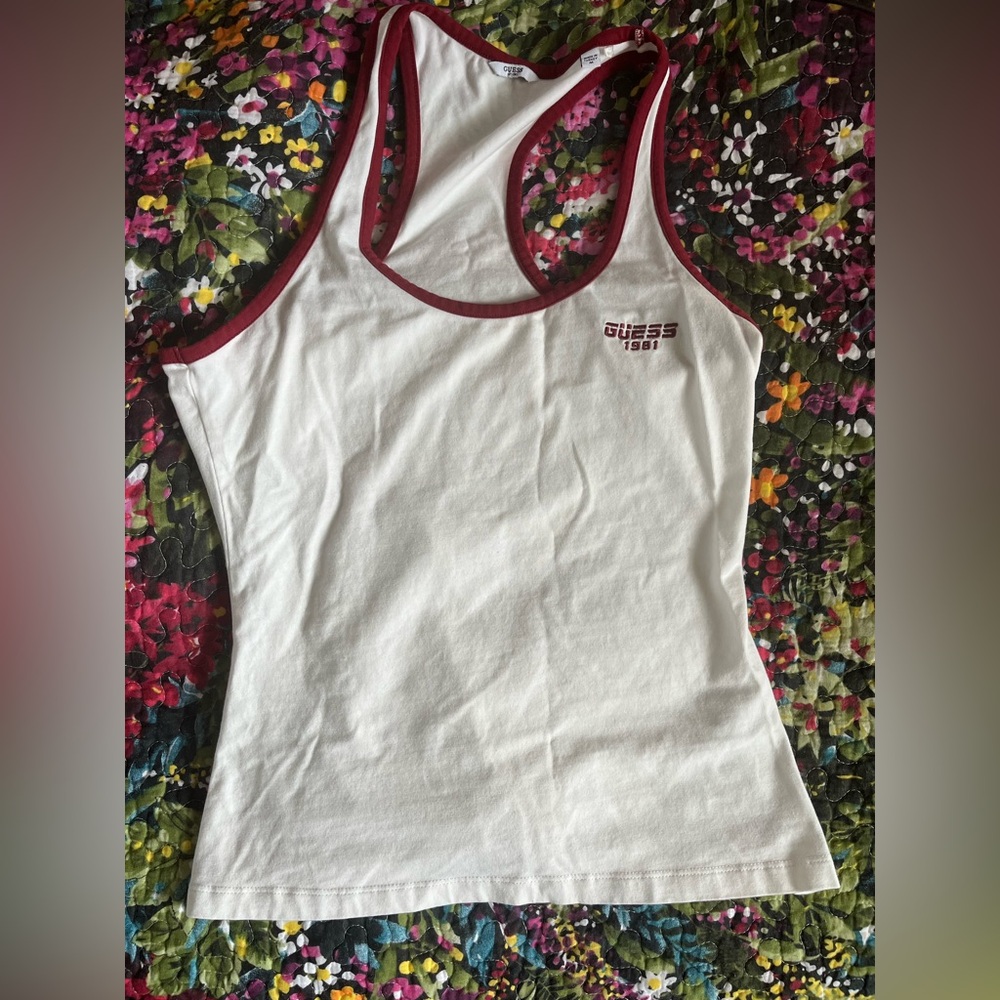 GUESS Women's Cotton White and Red Racerback Tank Top
